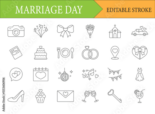 Delicate Line Art Icons Representing a Special Marriage Day Celebration with Editable Stroke Detailing Every Aspect