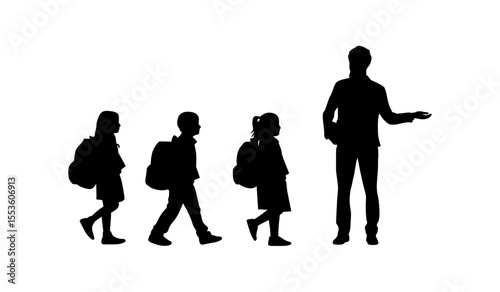 A simple, impactful silhouette image of a teacher and children with backpacks, in a straight line formation.