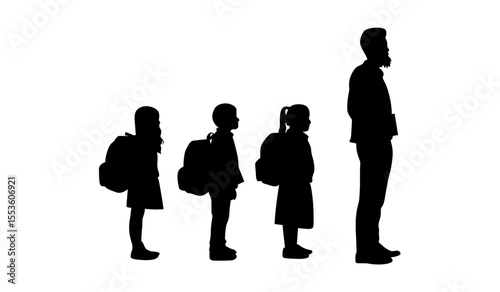 Silhouette of Teacher and Children Waiting for School