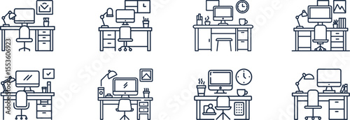 Eight Line Art Office Desks with Computer Monitors and Accessories