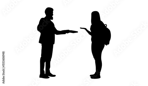 A silhouette of a businessman offering something to a student with a backpack.