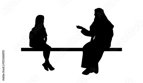 A simple silhouette of a child and an older figure, likely a teacher or mentor, seated in conversation.