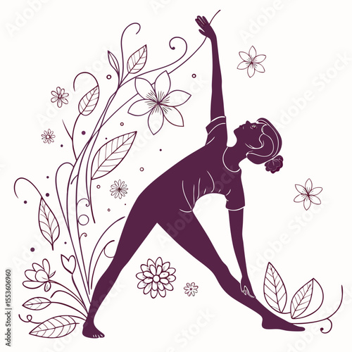 Silhouette of a woman in triangle yoga pose surrounded by floral elements and leaves artfully arranged