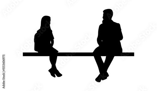 A simple silhouette of a father and daughter seated on a bench, communicating with a neutral, respectful distance.