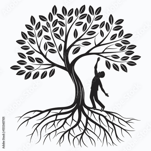 Silhouette of a man reaching up to a tree with leaves and exposed roots in black and white style
