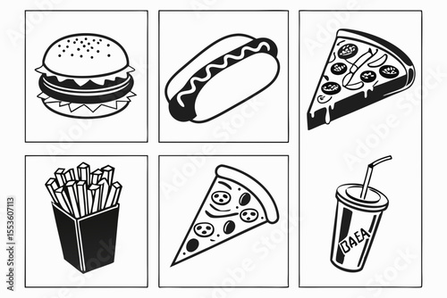 Fast food icons isolated on white background in black and white