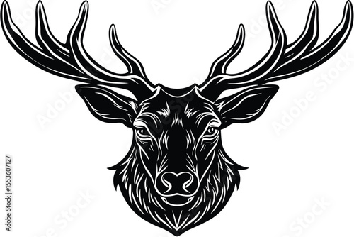 Silhouette of a majestic stag with impressive antlers gazes upwards, rendered in bold lines