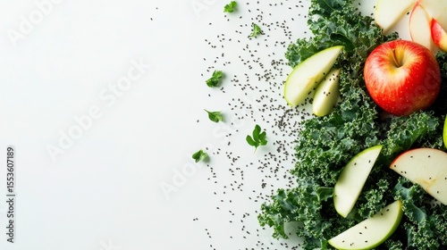 Healthy Ingredients: A top-down view of a colorful array of fresh, healthy ingredients arranged in a visually appealing way. Capturing the essence of nutritious food and a vibrant culinary experience.