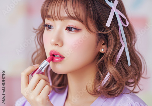 ピンクリップで仕上げるふんわりガーリーメイクの若い女性