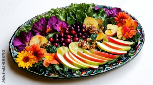 Freshly Arranged Seasonal Fruit Platter: An artistic display of vibrant seasonal fruits and edible flowers on an ornate platter, offering a visual feast of fresh produce.