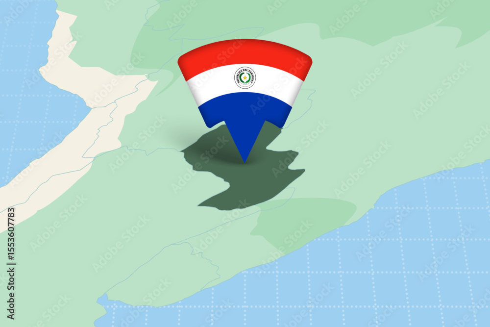 Naklejka premium Paraguay Location Highlighted on American Map with Flag Icon.