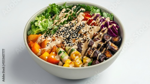 Colorful Vegetarian Bowl: A vibrant and appetizing vegetarian bowl bursts with an array of fresh, colorful vegetables and grains, a feast for the eyes and a treat for the palate.