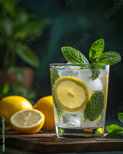 Refreshing lemon and mint iced drink in a glass, garnished with fresh mint leaves and lemon slices, on a wooden board.  Perfect for summer.