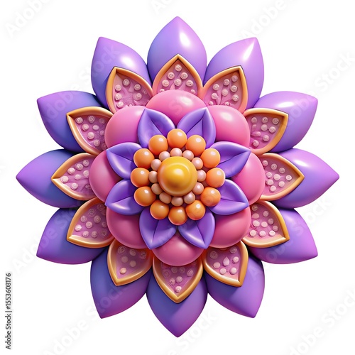 Abstract floral design with purple pink and orange petals isolated on white background