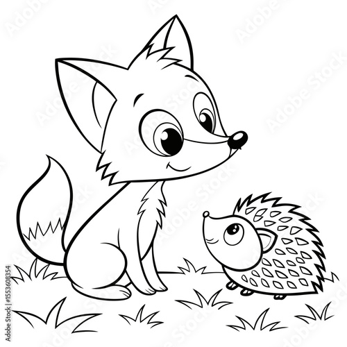Fox and Hedgehog a curious fox gently poking a shy hedgehog with its nose, both drawn in a cute cartoon