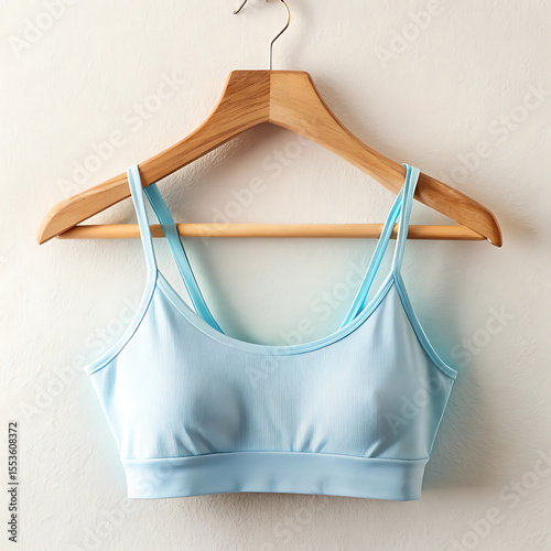 Wallpaper Mural A light blue sports bra hangs on a wooden hanger against a white background Torontodigital.ca