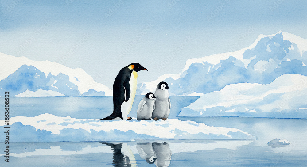 Obraz premium Watercolor painting of penguins standing on polar ice with cold tones and soft ocean background, peaceful arctic wildlife scene