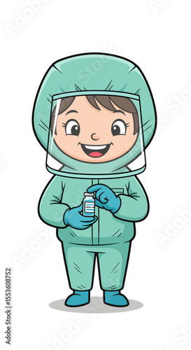 Cartoon healthcare worker in protective suit holding a vaccine vial.