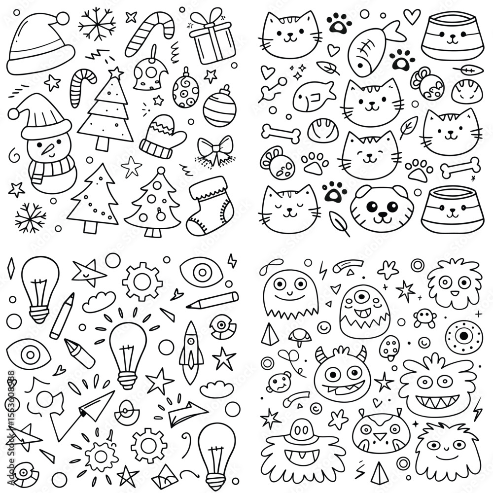 Fototapeta premium Black and White Doodle Christmas Cats Monsters and Ideas 1