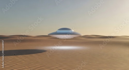 Futuristic unidentified flying object hovers over sand dunes, sci-fi concept. Alien technology and desert landscape for cosmic exploration.