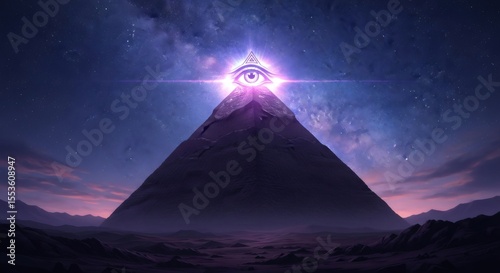 Illuminati pyramid with all-seeing eye. Symbol of wisdom and knowledge. Mystical and esoteric concept. Digital art illustration.