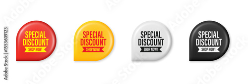 Special discount minimal symbol. 3D glossy sticker badge with offer message. Advertising discounts symbol. Promotion set for clearance sale and advertisement. Trendy and modern vector in 3d style.