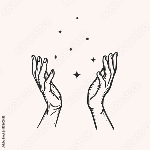 Praying hands. Hand drawn sketch style. Religious spiritual symbol. Vector illustration in retro vintage style.