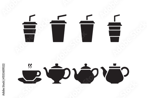 Tea and Coffee Icon Set Teapot, Cup, Mug, Drink Silhouettes Collection