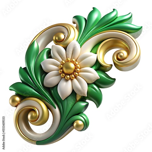 Ornate gold and green floral design with white flower isolated on white background