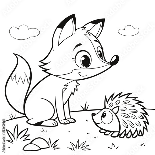Fox and Hedgehog a curious fox gently poking a shy hedgehog with its nose, both drawn in a cute cartoon