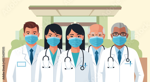 Diverse team of masked doctors in white coats stethoscopes and ties standing together.