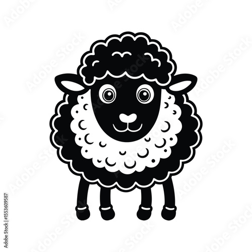 Friendly sheep with fluffy coat silhouette isolated on white background