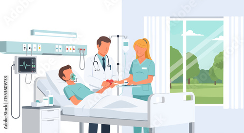 Doctor and Nurse Caring for Patient with Oxygen Mask Holding Heart.
