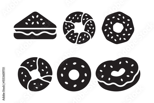 Donut and Sandwich Icon Set Tasty Breakfast and Bakery Food Silhouettes