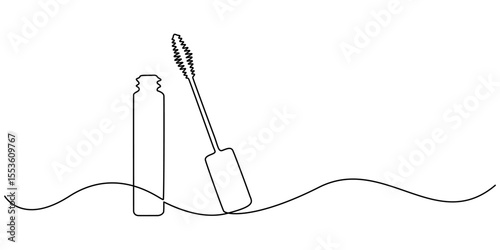 Mascara continuous one line art drawing, Vector abstract continuous one single simple line drawing icon of brush for applying mascara cosmetology in silhouette sketch on white background, sketch style