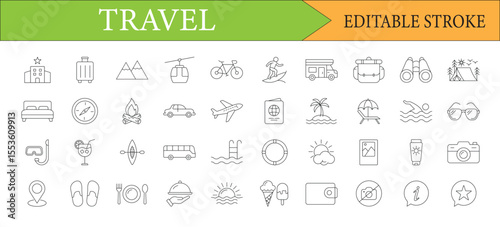 Line Art Travel Icon Set Vacation and Leisure Activities Destination Tourism and Holiday Experiences Editable Stroke Design Elements for Travel
