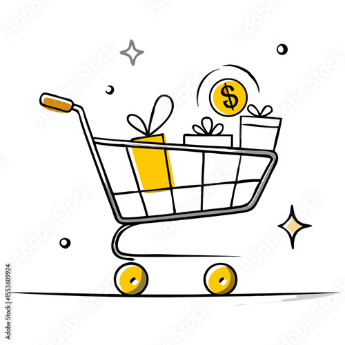 Shopping cart filled with presents and dollar sign in whimsical style  