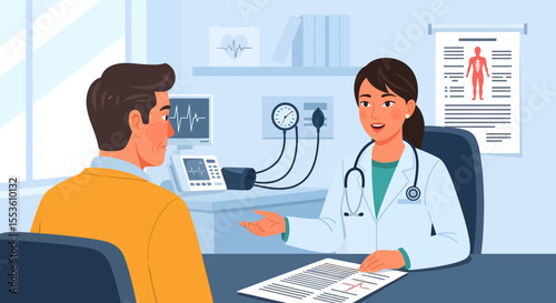 Doctor Explaining Medical Results to Patient with Blood Pressure Monitor.