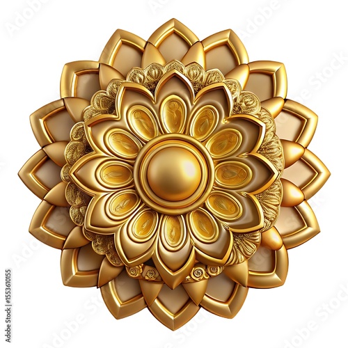 A golden flower ornament isolated on white background showcases intricate floral details