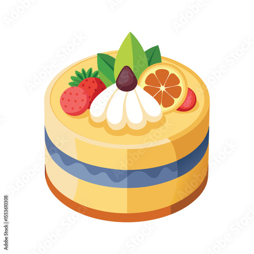Fun and colorful cake with multiple layers and fruit topping vector illustration isolated on white background