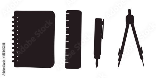A collection of common school supplies: a notebook, a ruler, an eraser, and a pair of compasses. Representing education. Isolated on a clean white background. School, academic vector style.