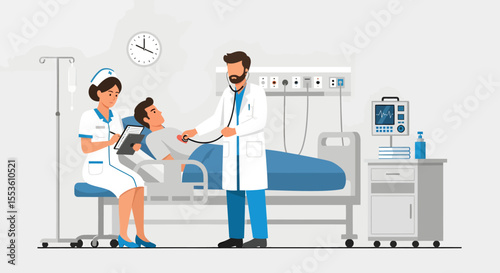 Doctor with Stethoscope Examining Patient While Nurse Takes Notes in Hospital Room.