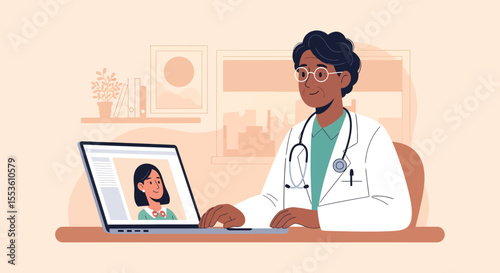 Doctor with stethoscope on video call with patient wearing round glasses.