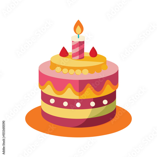 Fun birthday cake with colorful frosting and party decorations Vector illustration isolated on white background