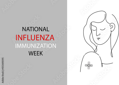 National Influenza Immunization Week with a line drawing of a woman’s shoulder showing a bandage after vaccination. Continuous line art vector illustration. linear banner