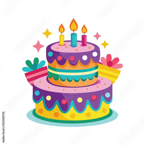 Fun birthday cake with candles, balloons, and stars for kids vector illustration isolated on white background