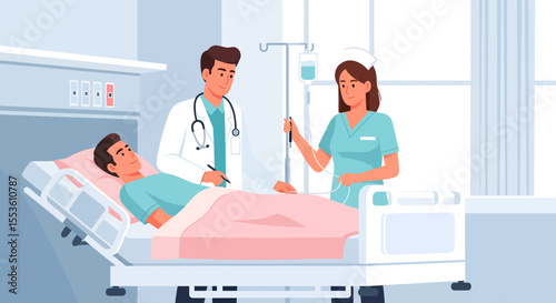 Hospital scene with doctor nurse and patient in bed receiving IV treatment.