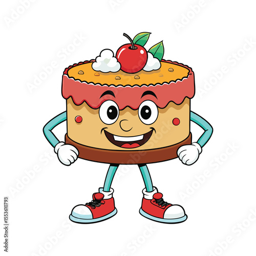 Fun cartoon cake character with whipped cream and two cherries on top vector illustration isolated on white background