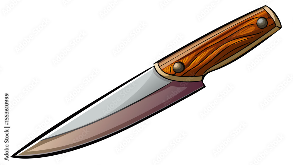 Sharp kitchen knife with wooden handle lying on white background