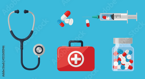 Medical equipment stethoscope pills syringe first aid kit and bottle.